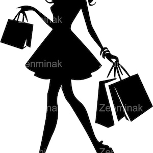 5 Fashion Lady Shopping Silhouette SVG coupe fichier, femme avec des sacs contour des cliparts, élégant Lady Design pour projets d'artisanat
