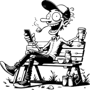 5 SVG grappige cartoon man op bank gesneden SVG-bestand. Goofy man met pet lacht om zijn telefoon met koffie in de hand