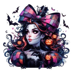 Elegante Halloween-heksendame met opgestikt gezicht en gotische hoed, 14 spookachtige digitale kunst, png voor donker en mysterieus decor