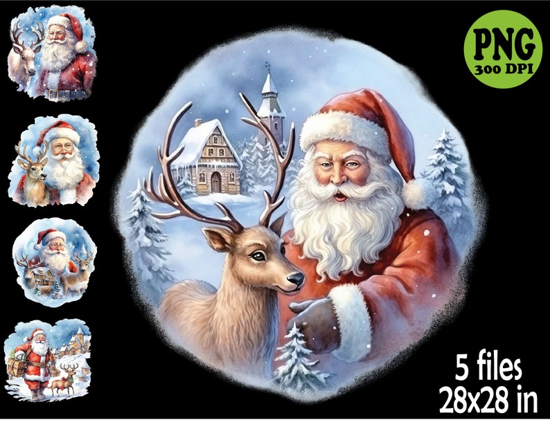 5 PNG Santa and Reindeer – Watercolor Christmas PNG Set – Festive ...