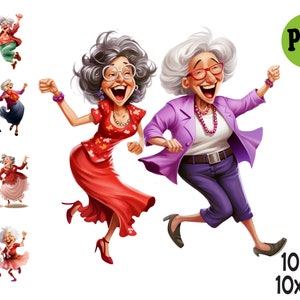 10 PNG divertenti clipart di nonne danzanti - Raccolta PNG di donne anziane felici - Illustrazioni divertenti di donne anziane per progetti artigianali e biglietti
