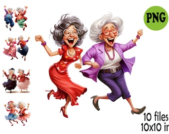 10 PNG Funny Dancing Grannies Clipart – PNG Bundle of Happy Elderly Women – Humorous Senior Ladies Illustrations for Craft Projects & Cards