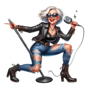 18 PNG Abuela Cantante de Rock – Clipart de Persona Mayor Atrevida con Micrófono – Divertida Mujer Estrella de Rock para Decoración Musical y Proyectos Digitales
