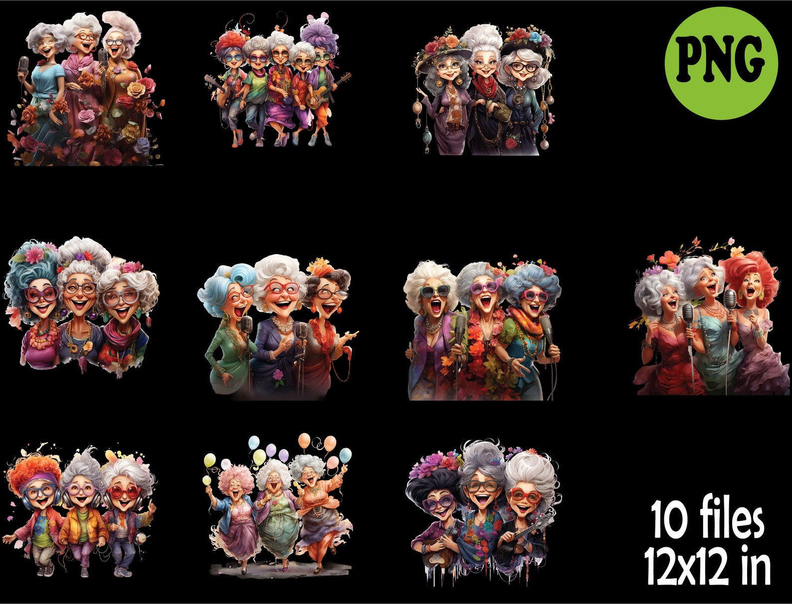 10 PNG Funny Grandma Bundle – Senior Ladies Clipart Set – Cute Singing ...