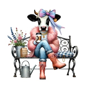 20 Kuh im rosa Mantel PNG, modische Kuh Clip Art, Kaffeeliebhaber Bauernhof Illustration, süße Kuh Digital Download