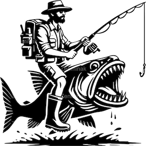 4 divertidos SVG de pescador, hombre montando un pez gigante con caña, silueta de pesca cómica para manualidades con Cricut y corte láser