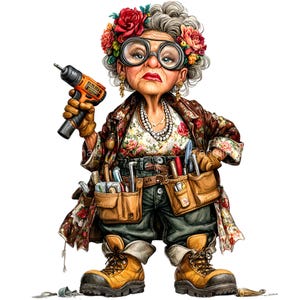 Könnte beinhalten: Digitale Illustration einer Frau in einem Oberteil mit Blumenmuster, einer braunen Jacke und Arbeitsstiefeln, die einen orangefarbenen und schwarzen Bohrer hält. Sie trägt einen Werkzeuggürtel und ist mit Blumen und einer großen Brille geschmückt. Das Bild hat einen skurrilen, cartoonartigen Stil.
