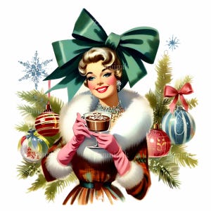 15 PNG de mujer navideña retro: PNG de mujer vintage con cacao y adornos: ilustración festiva para tarjetas y manualidades