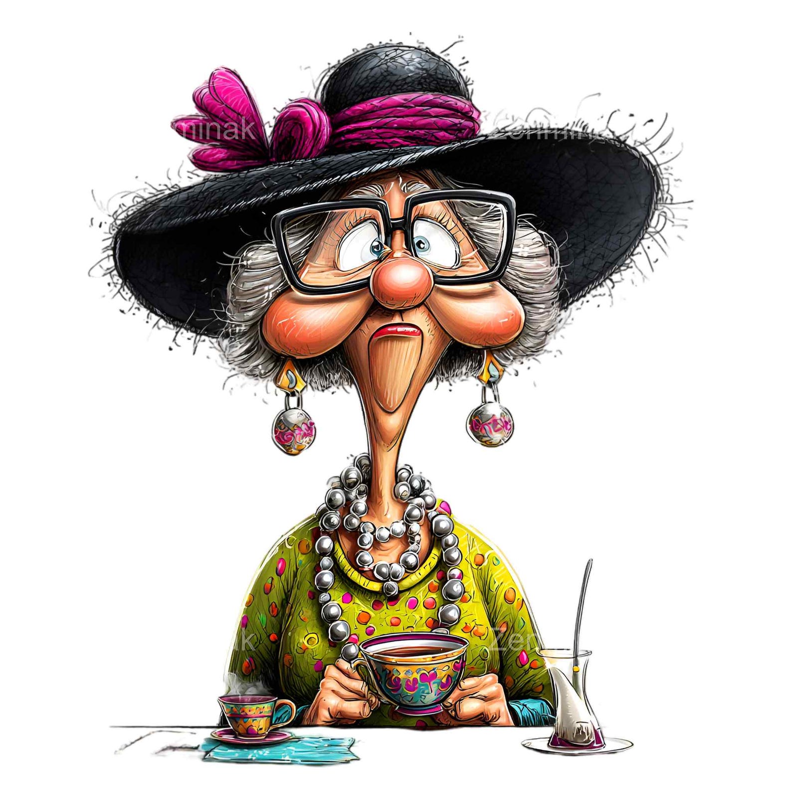Grumpy For Tea 14 PNG Funny Tea Lady Clipart – Grumpy Senior With Big Hat, Coffee Mug ...
