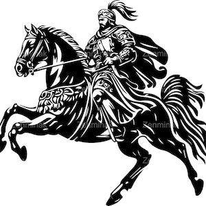 May include: A black and white illustration of a knight riding a rearing horse. The knight is wearing armor and a helmet with a plume. The horse has a long flowing mane and tail.