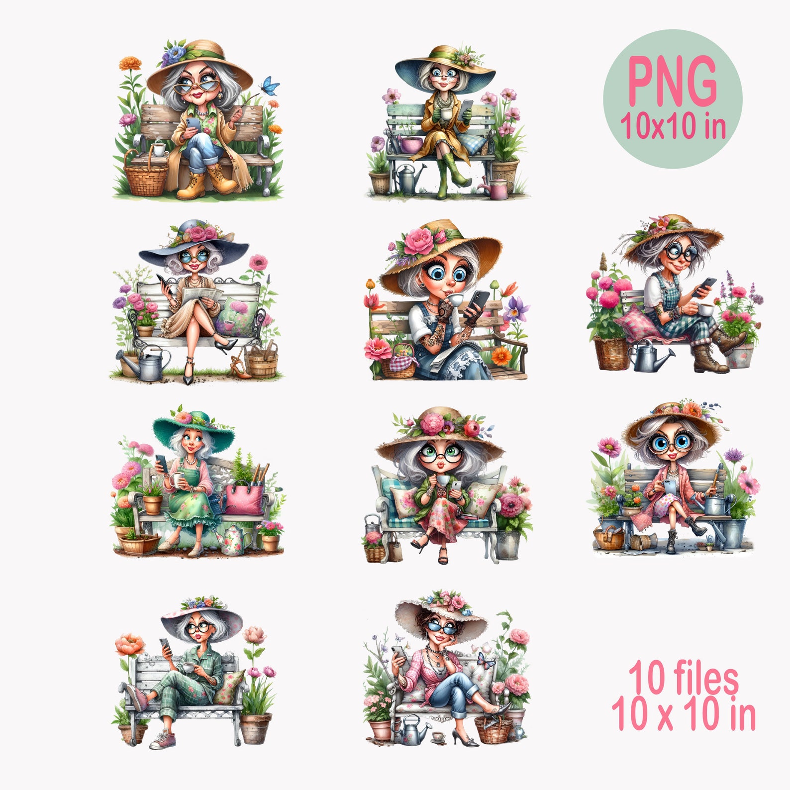 10 PNG Funny Granny Gardening PNG Clipart – Old Lady With Coffee and ...