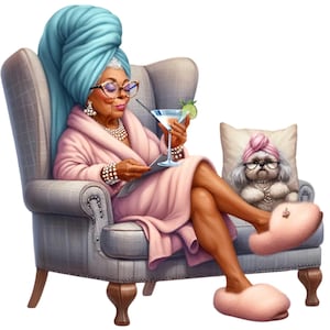 15 imágenes PNG de mujeres con estilo con cóctel y perro en un sillón / Arte relajante de mujer glamurosa / Diseño de spa imprimible