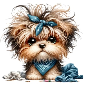 12 PNG Cute Yorkie Dog Clipart PNG – Messy Hair, Blue Bandana, Big Eyes, Adorable Puppy Illustration, Small Dog Art, Kawaii Pet Sticker