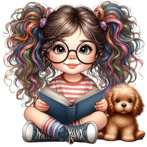 12 Cute Reading Girl PNG Clipart – Rainbow Curly Hair Girl with Glasses, Book and Puppy – Whimsical Child Digital Art