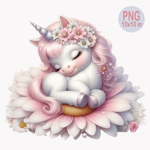 10 imágenes prediseñadas de unicornio durmiendo PNG, unicornio bebé con corona floral PNG, arte digital pastel caprichoso