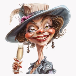10 Elegante Caricatura Senhora PNG Clip Art, Mulher Sofisticada com Champanhe, Ilustração Digital para Artesanato e Eventos