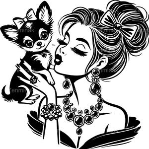 6 SVG Elegante Frau mit Chihuahua SVG, Mädchen hält niedlichen Welpen mit Schleife Ohrringe Halskette Schnittdatei für Cricut Silhouette