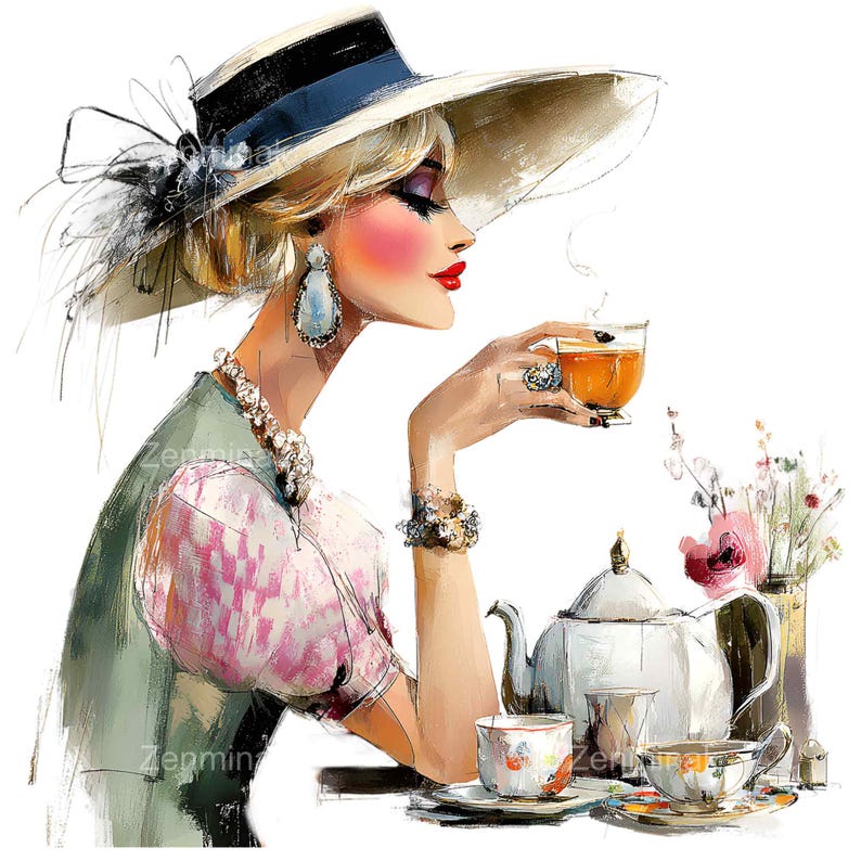 15 PNG Vintage Woman Tea Party Clipart, Retro Floral Garden ...