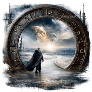 May include: Digital art print depicting a figure in a hooded cloak approaching a portal. The portal is a large, circular frame with celestial symbols, revealing a cosmic landscape with two moons and a sunset over the sea. The artwork is signed "Zenminak".
