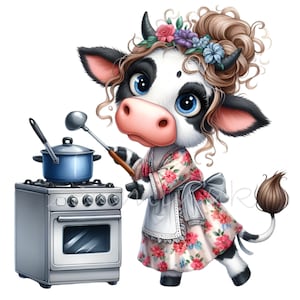 Funny Cow Cooking Clip Art, 12 PNG Farm Kitchen Towel Design, Housewife Apron, Shirt, Coffee Mug, Junk Journal, Card Making, Lovers Gift