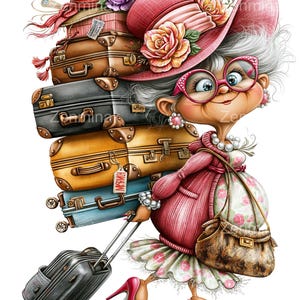 15 PNG Funny Traveling Grandma Suitcase Luggage Clipart