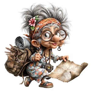 May include: A cartoon illustration of an elderly traveller with grey hair, round glasses, and a floral headscarf. She wears a floral dress, sandals, and carries a backpack, camera, and a rolled-up map. A pink flower adorns her hair.