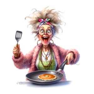 Abuela divertida cocinando clipart PNG - 12 abuelas extravagantes con sartén y huevo, ilustración de dibujos animados de cocina, descarga instantánea