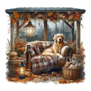 10 Golden Retriever Autunno PNG Clipart sul divano del portico con coperta, finestra piovosa, lanterna, zucche e scena di foglie