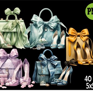 May include: A set of four handbags with bows and four pairs of high heels. The handbags are in shades of green, blue, and purple. The heels are in shades of pink, yellow, and blue. The image includes the text "40 files 5x5 in".