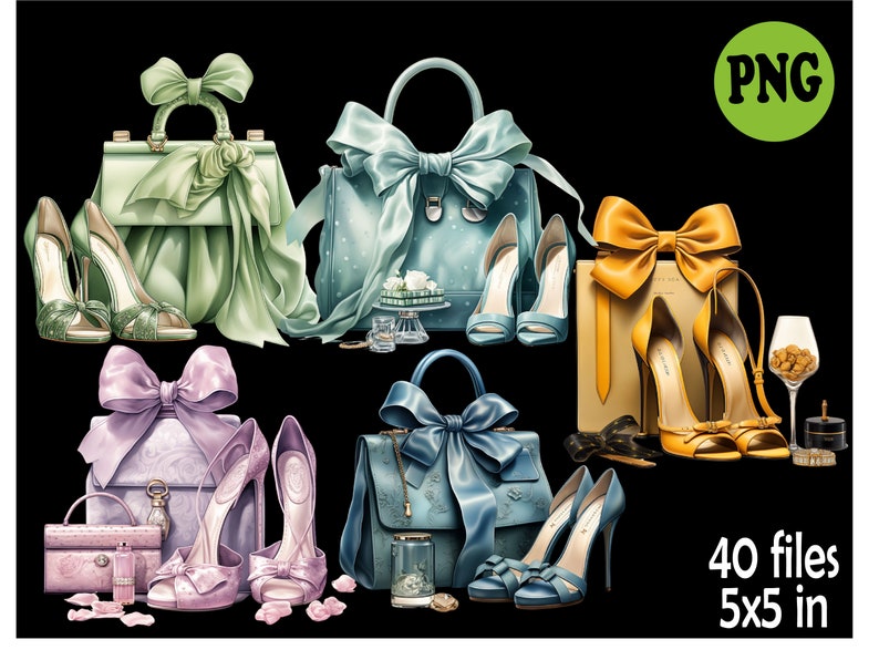 May include: A set of four handbags with bows and four pairs of high heels. The handbags are in shades of green, blue, and purple. The heels are in shades of pink, yellow, and blue. The image includes the text "40 files 5x5 in".