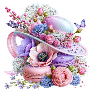 May include: A pastel-colored hat adorned with an arrangement of flowers and macarons. The hat features pink, blue, and white hues, with a ribbon and a butterfly. The floral arrangement includes roses, anemones, and lavender, with two macarons in the foreground.