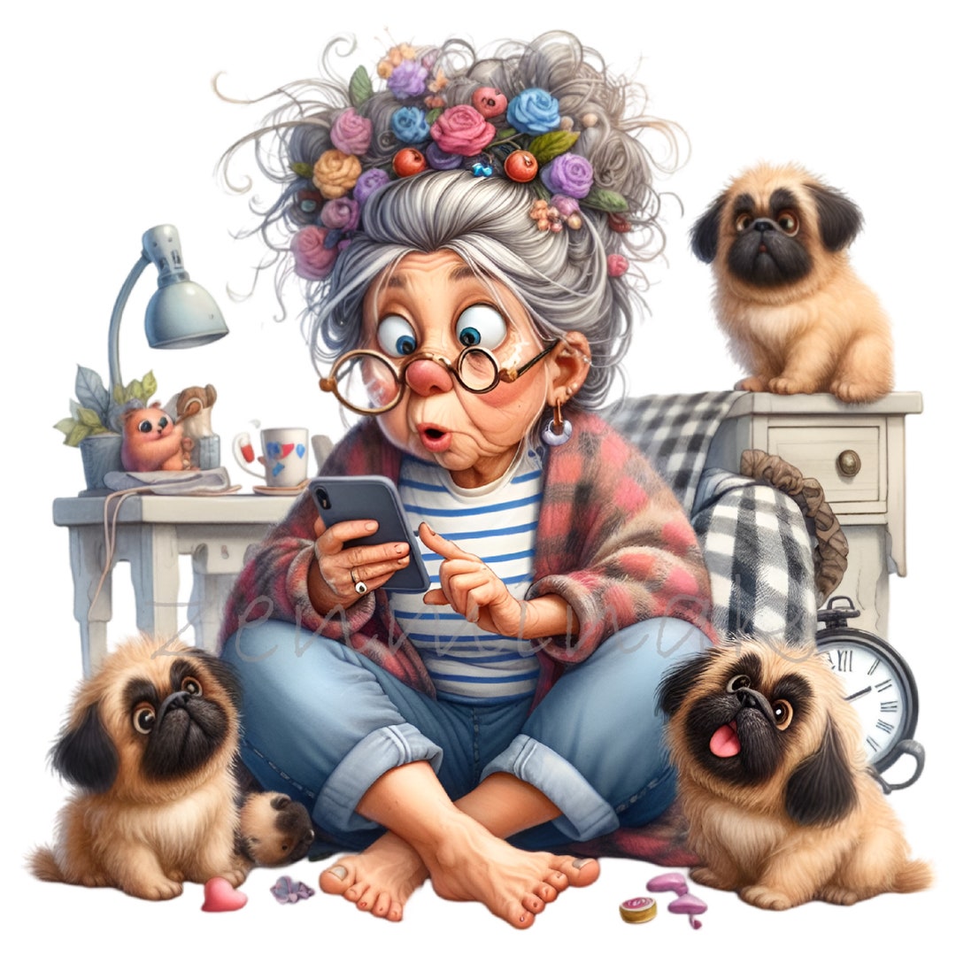 10 PNG Funny Grandma Pets Clipart, Senior Lady With Phone Illustration ...