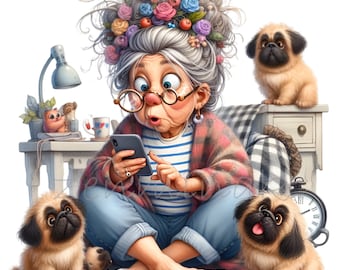10 imagens PNG engraçadas de avós com animais de estimação, ilustração de senhora idosa com celular.