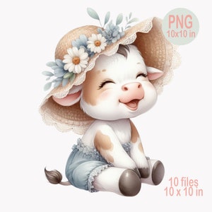 10 Vacas Bebé Clipart PNG Lindo Ternero con Sombrero Floral y Mono Sonriente Animal de Granja / Arte Digital Infantil Descargar