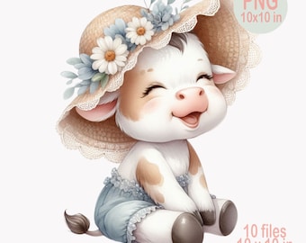 10 PNG 子牛の麦わら帽子のクリップアート、花柄の子牛の農場動物