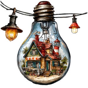 May include: A whimsical illustration of a house and lighthouse inside a lightbulb, with string lights. The house has a red roof, green shutters, and a striped awning. The lighthouse is red and white. The lightbulbs are lit with a warm glow.