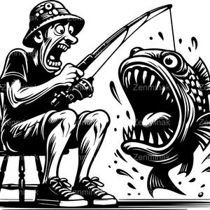 May include: A black and white illustration of a person wearing a hat and holding a fishing rod. The person is sitting on a chair and is looking at a large fish with its mouth open. The fish is swimming towards the person.