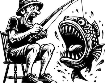 May include: A black and white illustration of a person wearing a hat and holding a fishing rod. The person is sitting on a chair and is looking at a large fish with its mouth open. The fish is swimming towards the person.