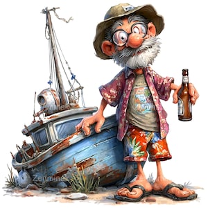 Op de afbeelding: Cartoon illustratie van een oudere man in een bloemenhemd, korte broek en sandalen, met een bierfles in zijn hand. Hij staat naast een verweerde blauwe boot op een zandstrand. De man draagt een hoed en een bril.