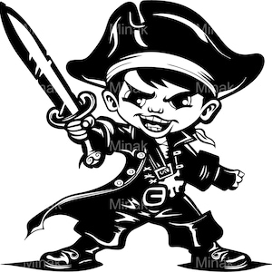 6 SVG Pirate Boy SVG Cut File – Cartoon Kid Dressed as Pirate with Sword and Hat – Fun Pirate SVG for Shirts, Crafts, Birthday Decor