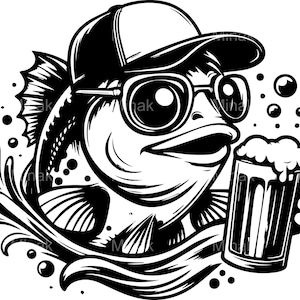 6 archivos SVG de corte de pez cervecero divertido, clipart de pez con gafas de sol y jarra de cerveza, humor de pesca de verano para camisetas y manualidades