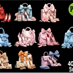 May include: Ten digital illustrations of various handbags with bows and heels. Each illustration is in a different color scheme, including pink, blue, red, and cream. The illustrations are set against a black background.
