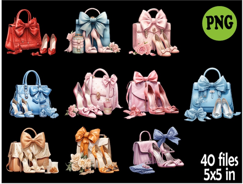 May include: Ten digital illustrations of various handbags with bows and heels. Each illustration is in a different color scheme, including pink, blue, red, and cream. The illustrations are set against a black background.