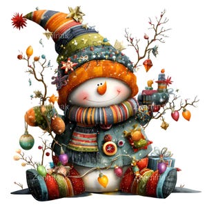 May include: A whimsical snowman illustration with a colorful hat, scarf, and coat. The snowman is adorned with Christmas ornaments, lights, and gifts. The overall design is festive and cheerful, perfect for holiday decor.