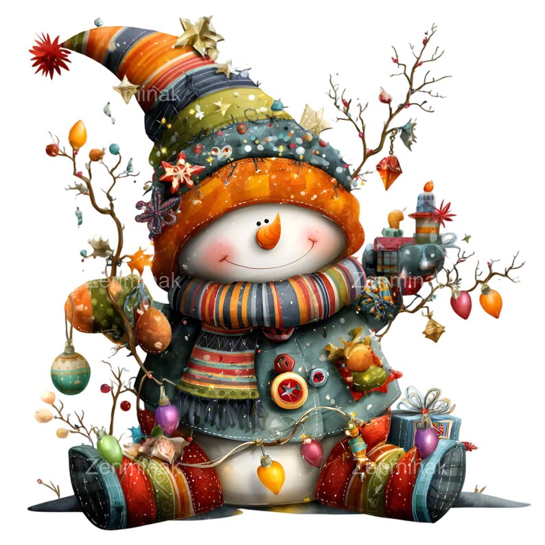 May include: A whimsical snowman illustration with a colorful hat, scarf, and coat. The snowman is adorned with Christmas ornaments, lights, and gifts. The overall design is festive and cheerful, perfect for holiday decor.