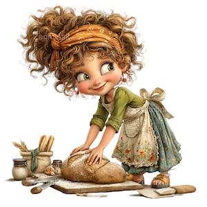 Puede incluir: Ilustración de dibujos animados de una persona joven con cabello castaño rizado que lleva una camisa verde, un delantal floral y una falda azul, amasando un pan en una tabla de madera. Un tarro de harina, una bolsa de pan y un cuchillo también están en la tabla.