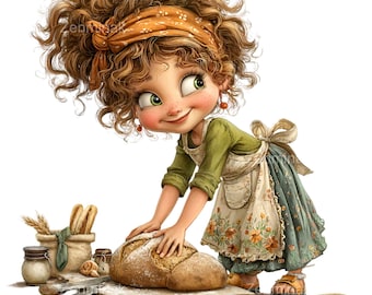 16 imagens PNG de uma menina assando pão, ilustração de desenho animado de uma criança fazendo pão em um livro de histórias de cozinha encantador.