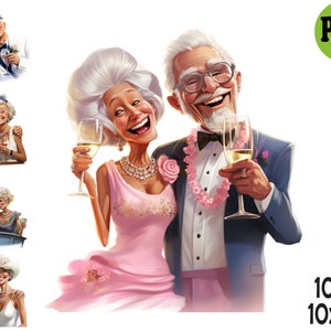 Lot de 10 PNG pour la célébration d'un couple de personnes âgées - Clipart drôle d'amour pour les personnes âgées pour cartes d'anniversaire, travaux manuels, journaux et décorations de fête
