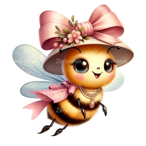 Abeja bebé PNG con lazo rosa y elegante sombrero sosteniendo un regalo PNG - 15 lindas ilustraciones de guardería de primavera Arte digital
