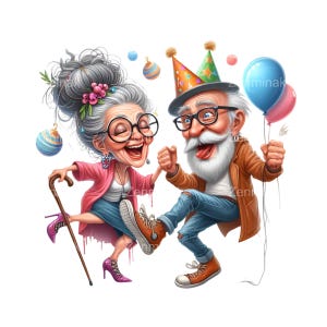 Può includere: Un'illustrazione di cartoni animati di una coppia anziana che festeggia con palloncini e cappelli da festa. La donna indossa una giacca rosa, una gonna blu e tacchi alti. L'uomo indossa una giacca marrone, jeans blu e scarpe da ginnastica. Entrambi sorridono e si tengono per mano.